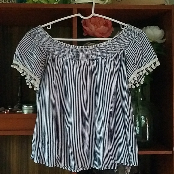 Blue & White Striped Shortsleeve Blouse w/ Pompoms - Picture 2 of 4
